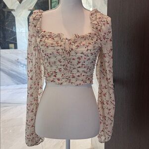 Cotton Candy Cream Floral Ruffle Tie-Front Crop Top